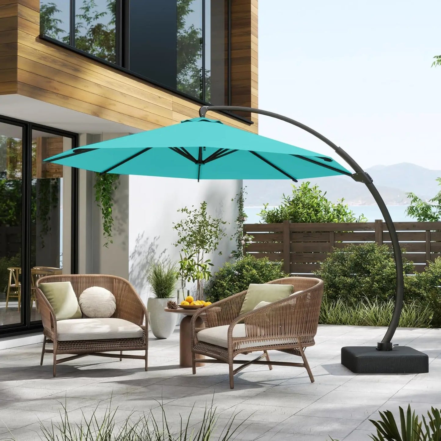 11FT Cantilever Umbrella with Base Large Curvy Outdoor Aluminum Offset Umbrella w/ 360° Rotation, UV Resistant Canopy for Patio