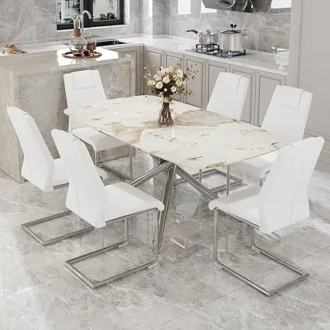 Modern Dining Table Set for 6, 63" Dinner Table Set for 6,Marble-Patterned Tempered Glass Kitchen Tabletop Silver Legs and 6 Bla