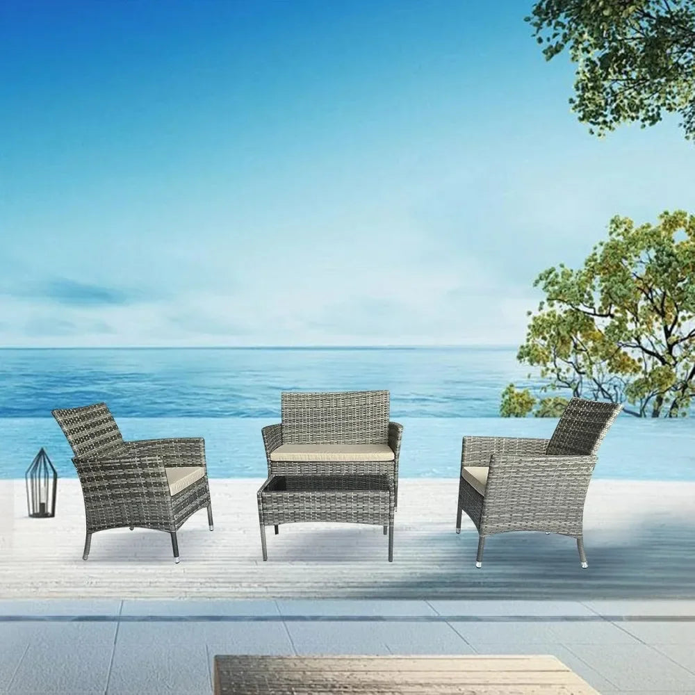 4 Piece Patio Furniture Set, Wicker Sectional Sofa with Armchair, Loveseat & Side Table – Outdoor Use