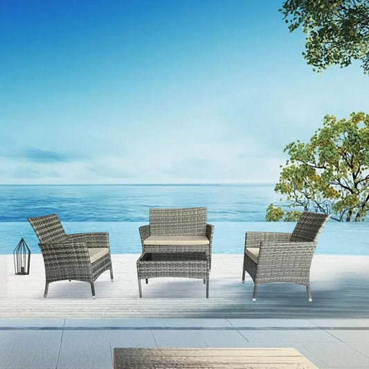 4 Piece Patio Furniture Set, Wicker Sectional Sofa with Armchair, Loveseat & Side Table – Outdoor Use