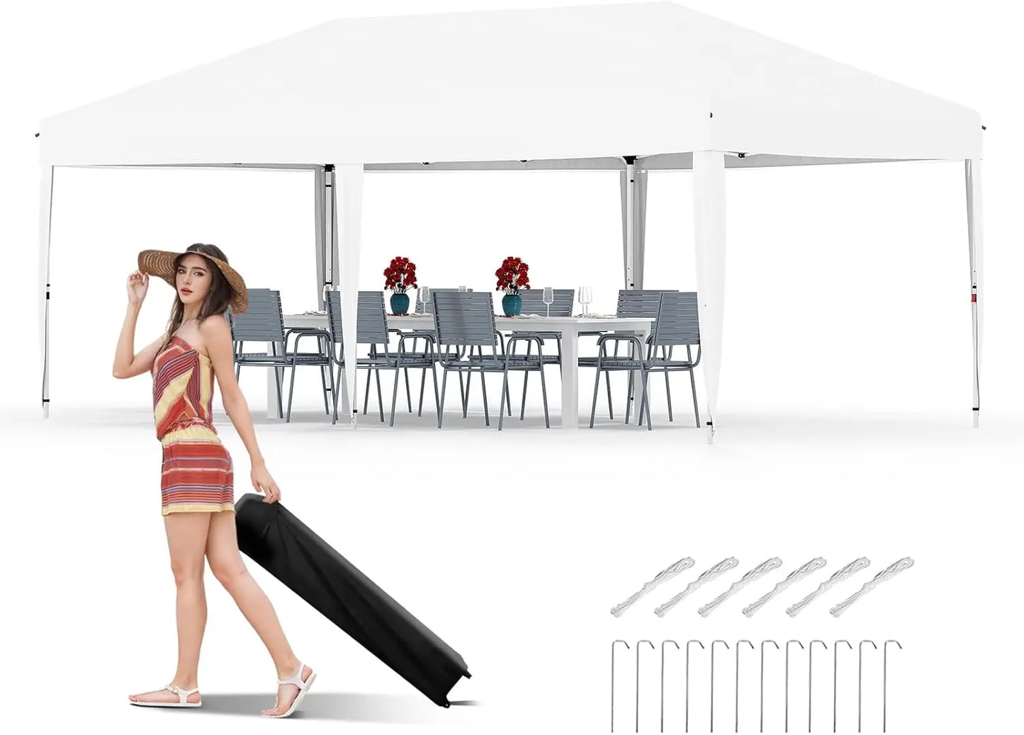 10x20FT Pop Up Canopy - Easy Up Camping Tent with One Roller Bag, 3 Adjustable Height, 4 Weight Bags for Deck Garden Beach