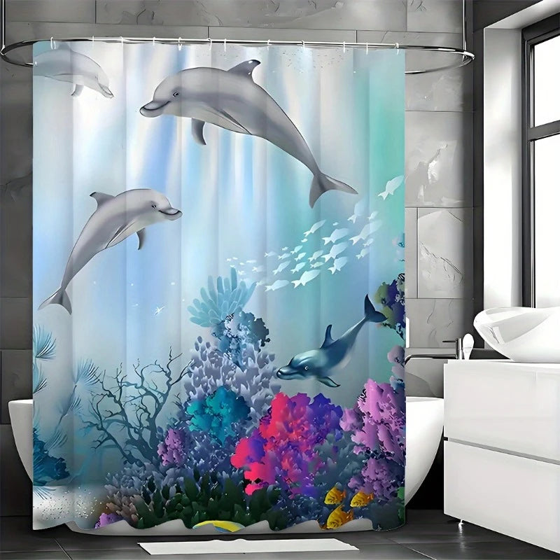 1pc Vibrant Undersea World Dolphin Shower Curtain - Waterproof,and Machine Washable Polyester Fabric Bath Curtain with Animal