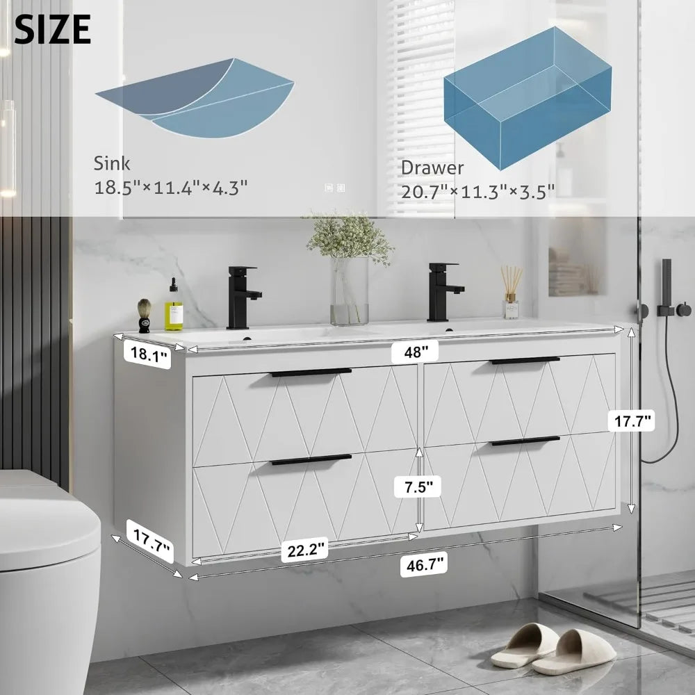 48" Bathroom Vanities Cabinet with Sink Combo, Wall Mounted Floating Cabinet W/Decor Line, Soft-Close System, 4 Extra Big Drawe