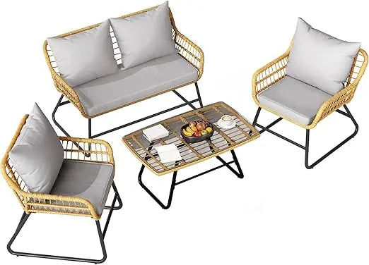 "Outdoor Loveseat with Cushion and Adjustable Feet, Wicker Patio Furniture Set for Garden, Balcony, and Porch, Beige"