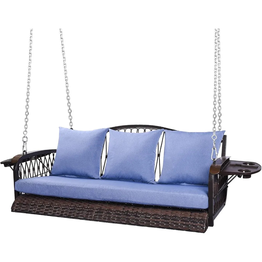 Wicker Porch Swing Heavy Duty 900 LBS 3-Seat Outdoor Patio Swing Chair with Cushions & 8.9ft Chains Outdoor Hanging Bench with U