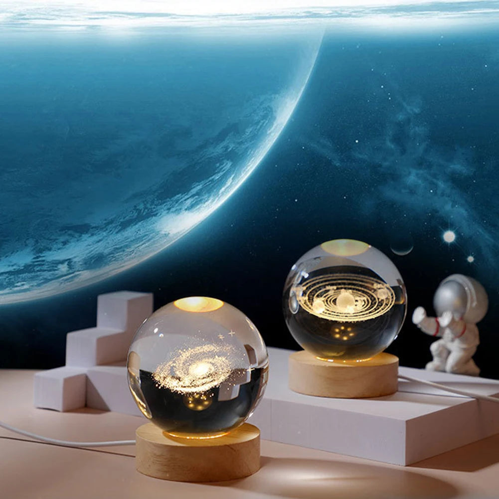 LED Crystal Ball Night Light Crystal Ball Lamp with Wooden Base Solar System Crystal Ball USB Charging for Home Decor