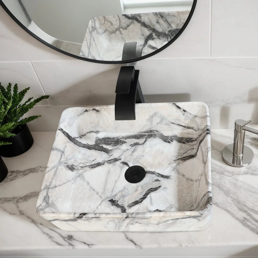 ZAPPO Bathroom Vessel Sink Ceramic Vessel Sink with Faucet Combo Rectangular Marble Vanity Sinks for Bathrooms Above Counter