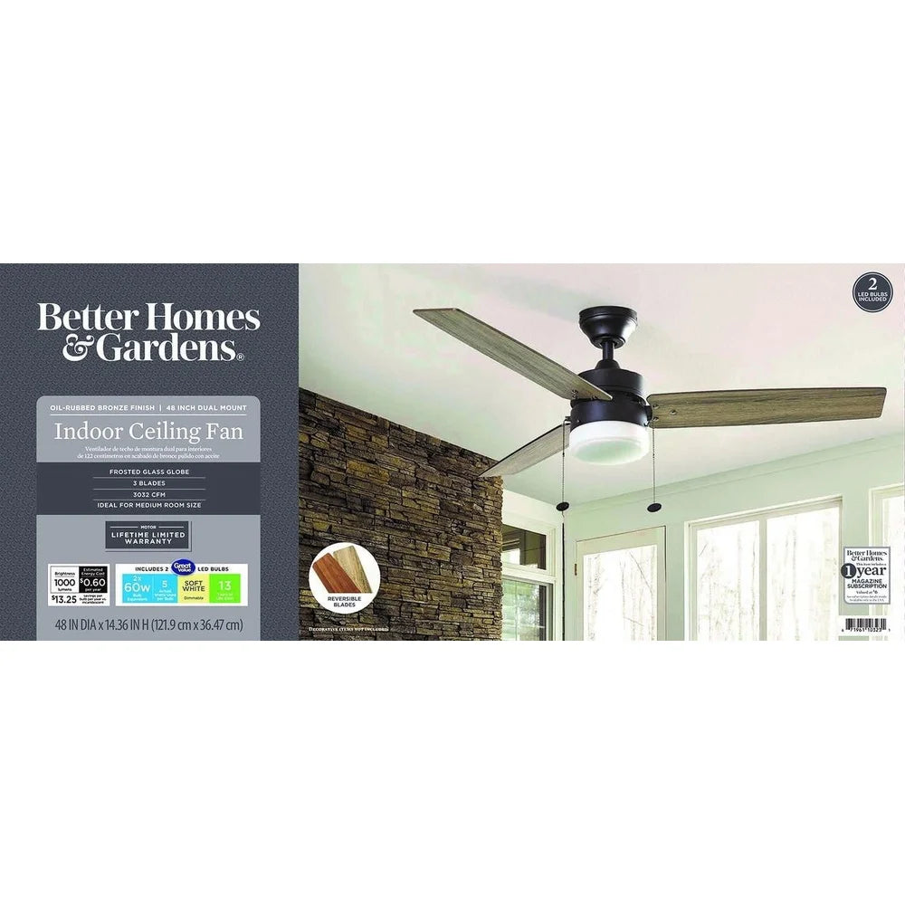 48 Inch Modern Ceiling Fan with Light Pull Chains Reversible Blades Energy Saving Quiet Performance Indoor Use LED Bulbs