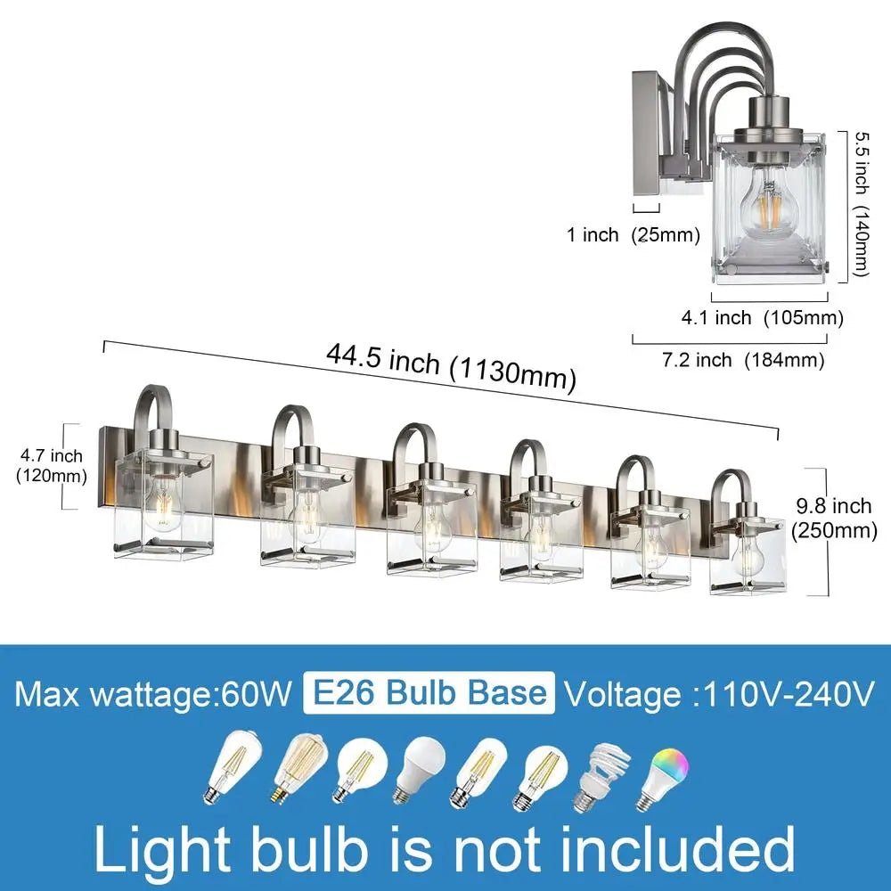 Modern Brushed Nickel Wall Sconce Clear Glass Vanity Light Fixture 6-Light Bathroom Kitchen Bedroom E26 Base Bulb Compatible
