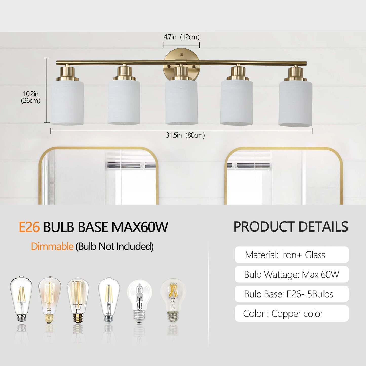 31" Modern 5-Light Vanity Bathroom Mirror Light, Frosted White Glass with Iron Frame, Contemporary Wall Sconce