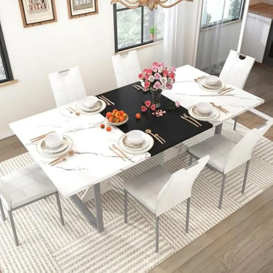 7-Piece Dining Table Set|Wooden Dining Table with 6 Upholstered Chairs for 6 People|70in Kitchen Table W/Waterpoof Tabletop,Leat