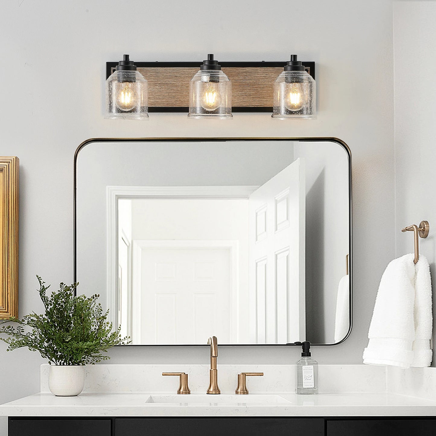 23" Farmhouse Vanity Light Fixture, 3-Light Bathroom Wall Sconce with Clear Seed Glass Shades, Black and Wood Grain Finish