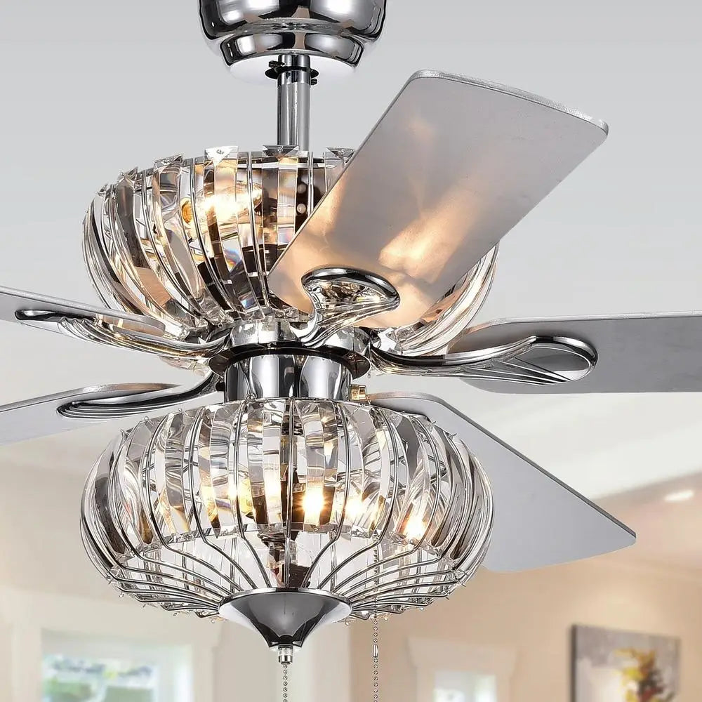 6-Light Crystal Ceiling Fan Remote Control 5-Blade Chrome Finish Elegance Reversible Blades 3-Speed Adjustable Lighting Home