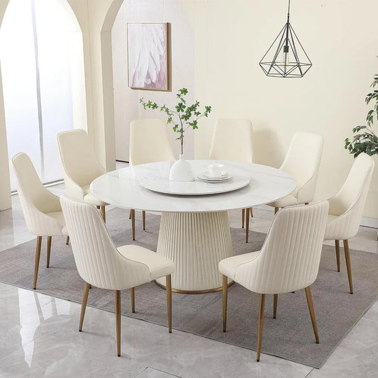 Round Dining Table Set with Removable Lazy Susan, Luxury 59" D Marble Dining Table Set of 8, Modern Sintered Stone Dining Table