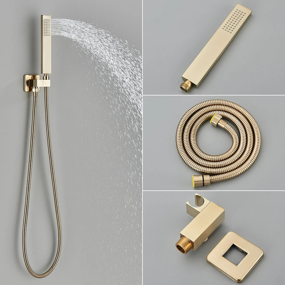 POIQIHY Brushed Golden Shower Faucets Wall Mount Concealed Shower Set Rainfall Bath Shower Mixers 2-3 ways Bathroom Mixer Tap