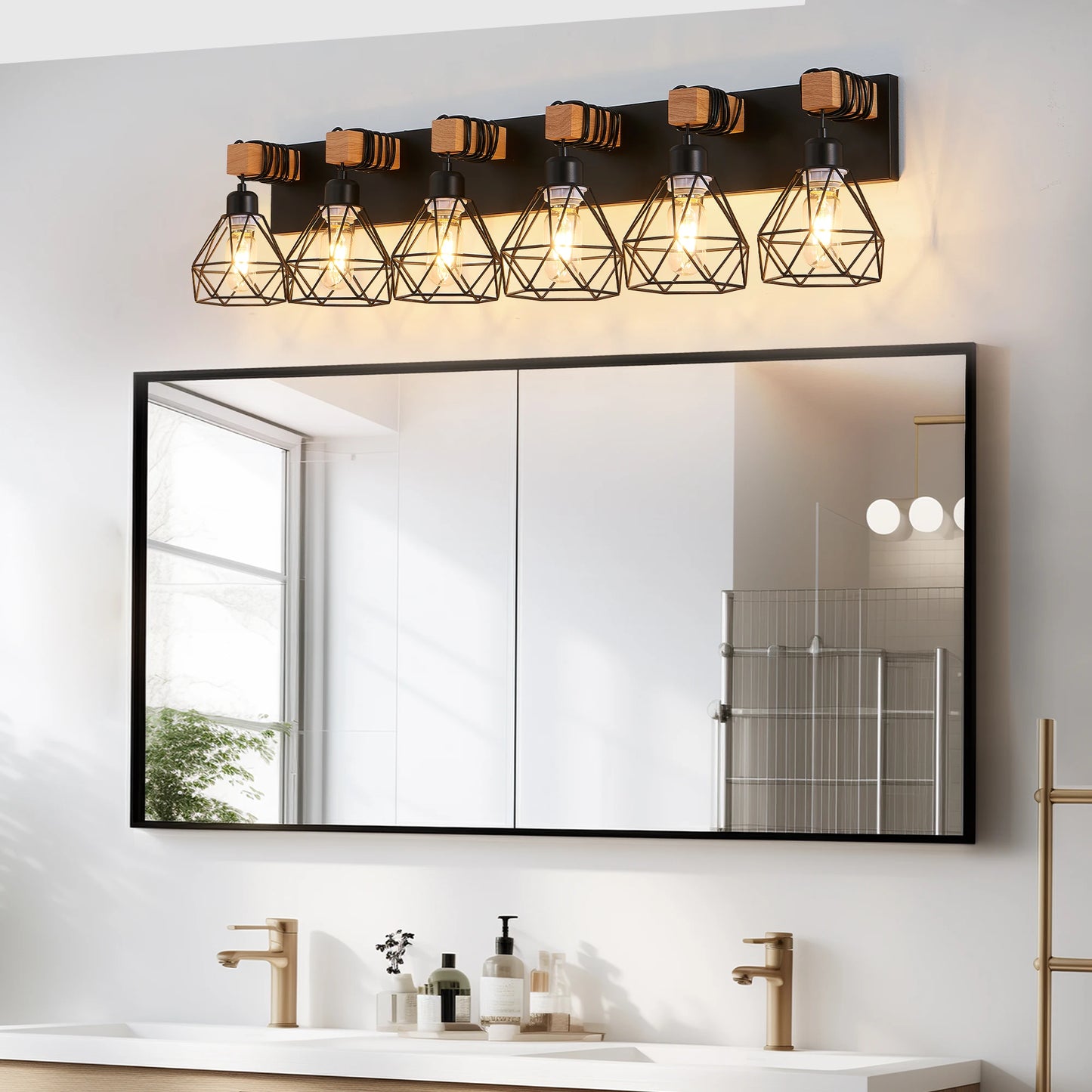 38" Modern Geometric 6-Light Vanity Light Fixture with Black Metal, Wooden Accents and Cage Lampshade