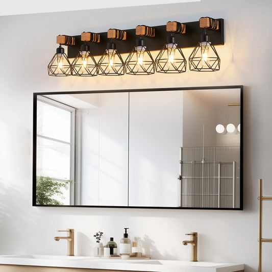 38" Modern Geometric 6-Light Vanity Light Fixture with Black Metal, Wooden Accents and Cage Lampshade