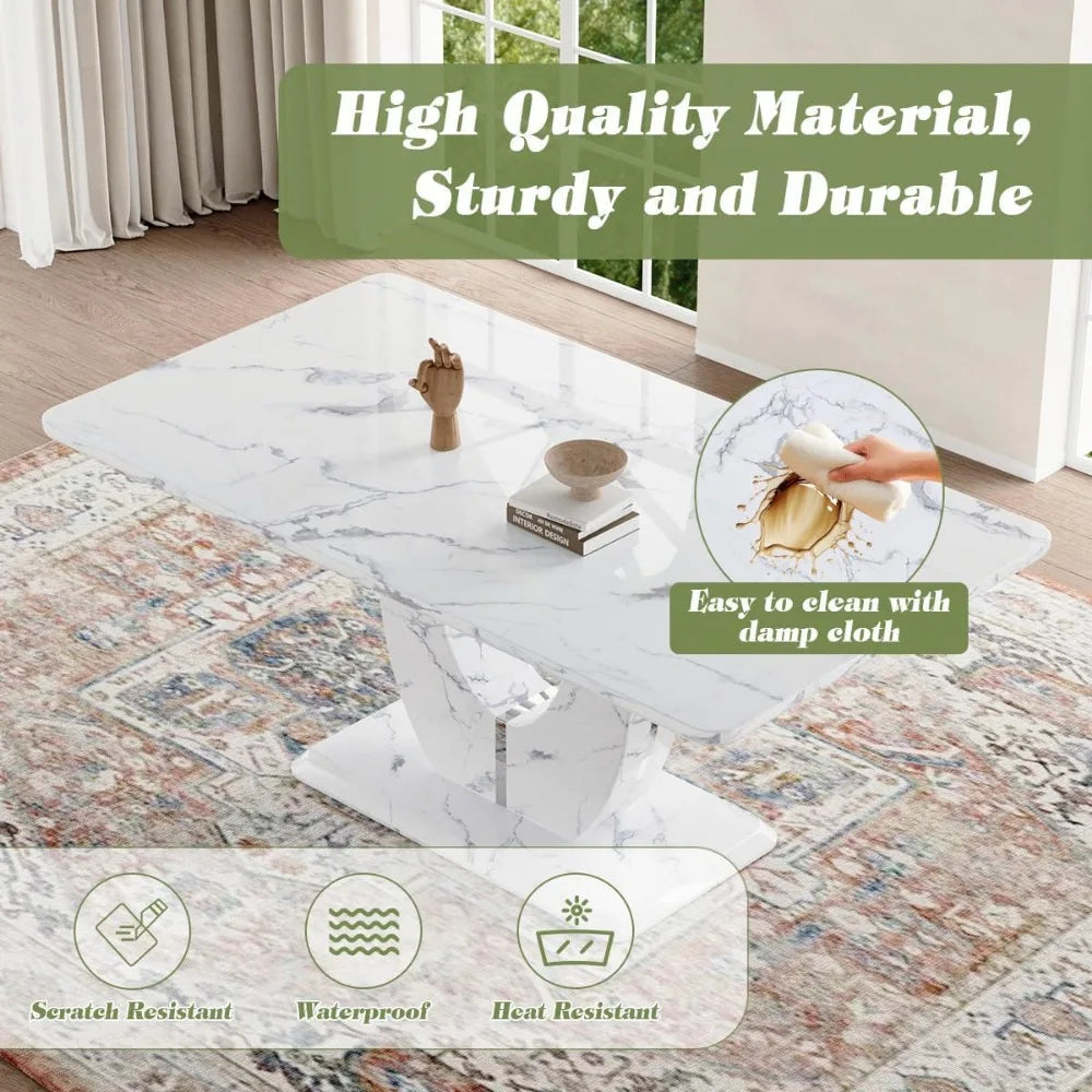 Dining Table Set 6,White Faux Marble Dining Room Table Set 6，63" Rectangle Kitchen Table Chairs Set of 6 Dining Kitchen Room