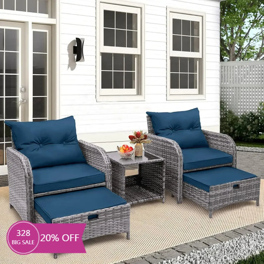 Outdoor Patio Furniture 5 Pieces Wicker Chairs Set with Ottoman All Weather PE Rattan