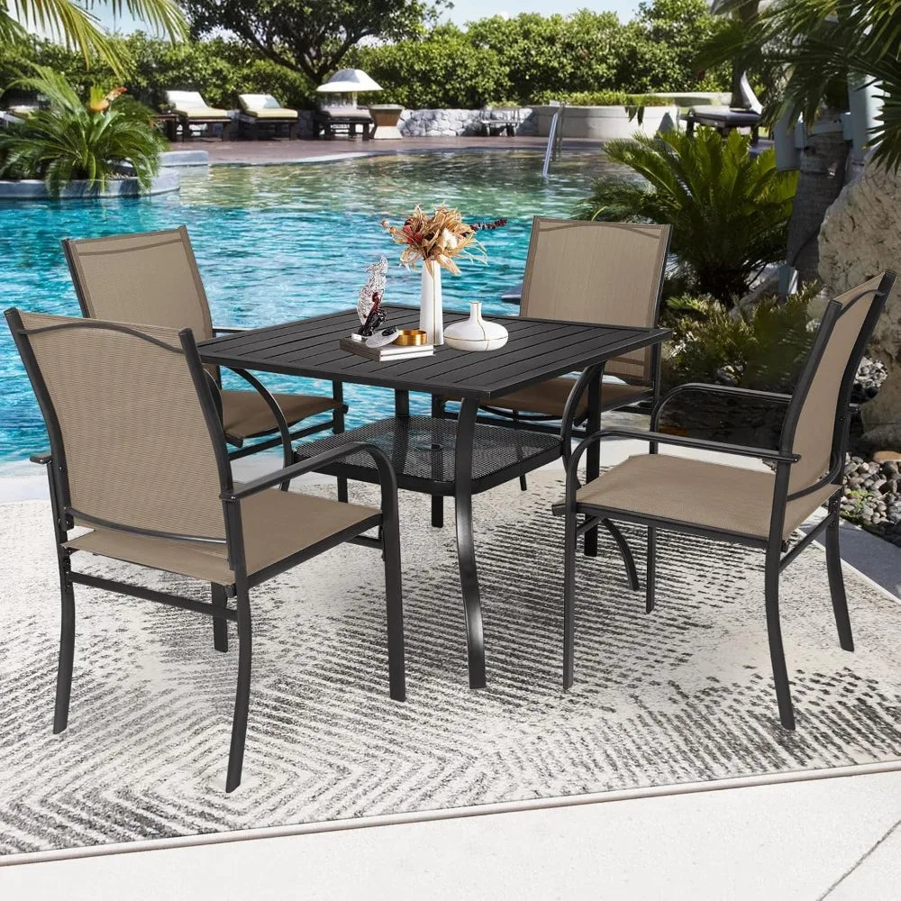 5 - Piece Outdoor Dining Set, Patio Furniture Set with 4 x Textilene Dinning Chairs and 1 Steel Slat Metal Bistro Table for Law