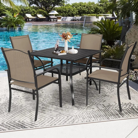 5 - Piece Outdoor Dining Set, Patio Furniture Set with 4 x Textilene Dinning Chairs and 1 Steel Slat Metal Bistro Table for Law