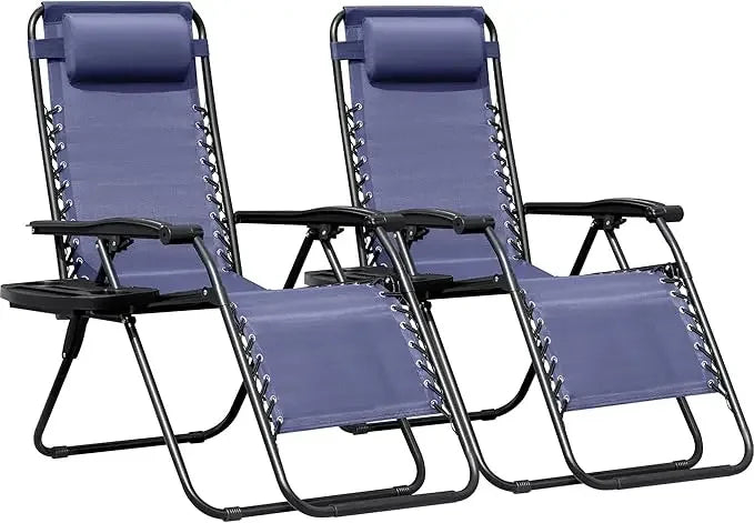Zero Gravity Chairs Set of 2 Adjustable Steel Mesh Recliners Beach Deck Lawn Camping Patio Foldable Lounge Chair with Cup Holder