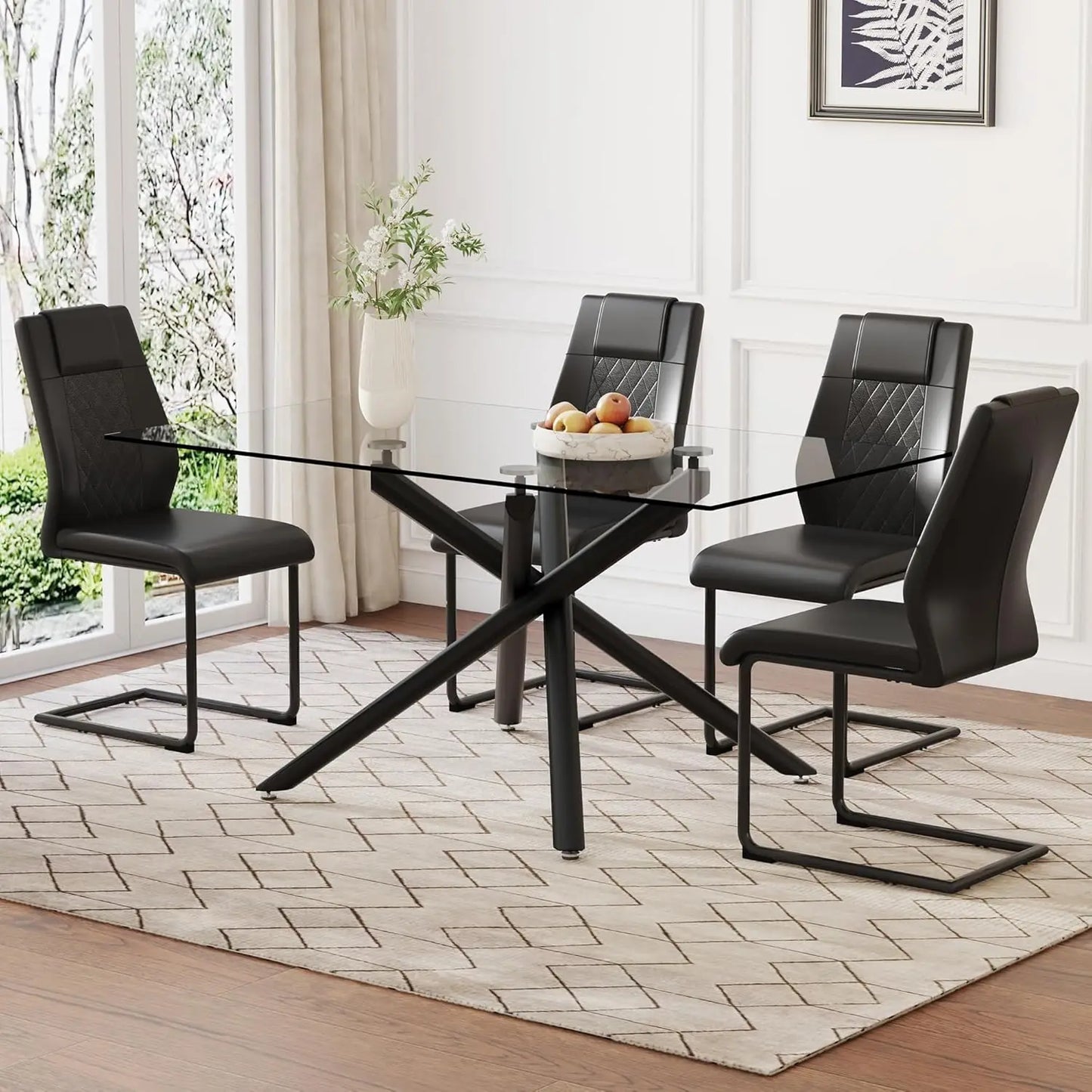 Modern Dining Table Set for 6, 63" Dinner Table Set for 6,Marble-Patterned Tempered Glass Kitchen Tabletop Silver Legs and 6 Bla