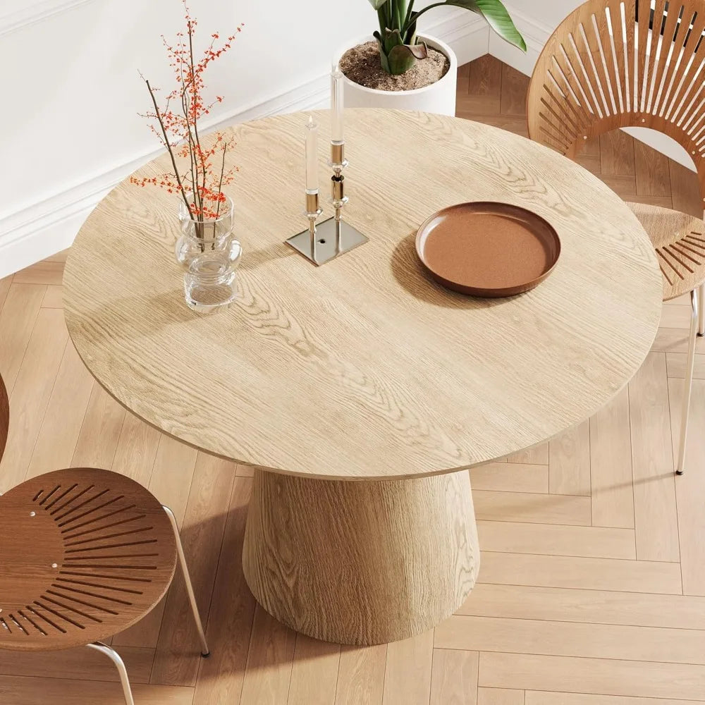43" Mid-Century Modern Farmhouse Round Dining Table for 4-5 - Wooden Pedestal Base with MDF Table Top, Compact Kitchen