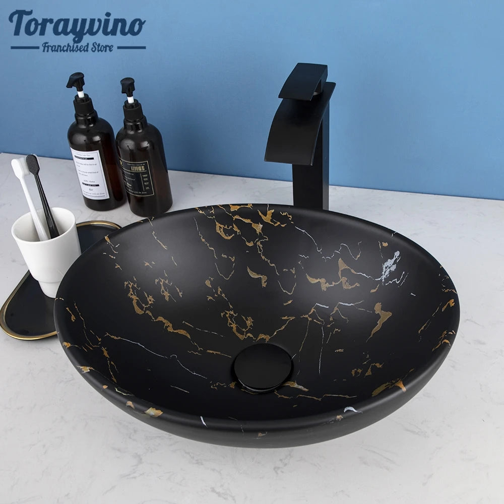 Torayvino Bathroom Basin Sink Faucet Combo Ceramic Lavatory Above Counter Art Basin Vanity Sink Matter Black Faucet Mixer