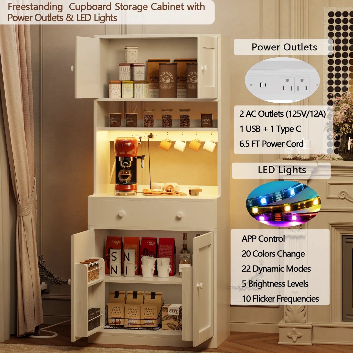 Satifur Tall 71 inch Kitchen Pantry Storage Cabinet with Doors, Drawer, Farmhouse Pantry Cabinet with Power Outlet & LED Light