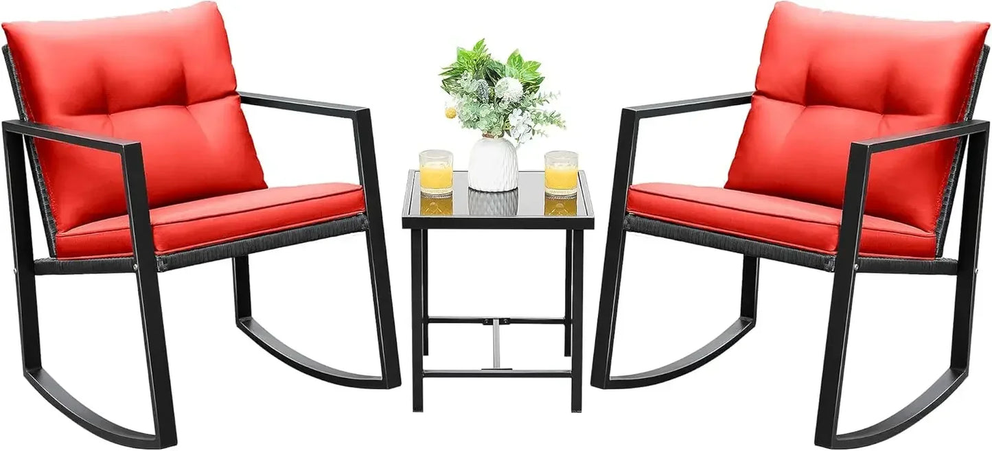 Piece Rocking Bistro Set Wicker Patio Outdoor Furniture Porch Chairs Conversation Sets with Glass Coffee Table