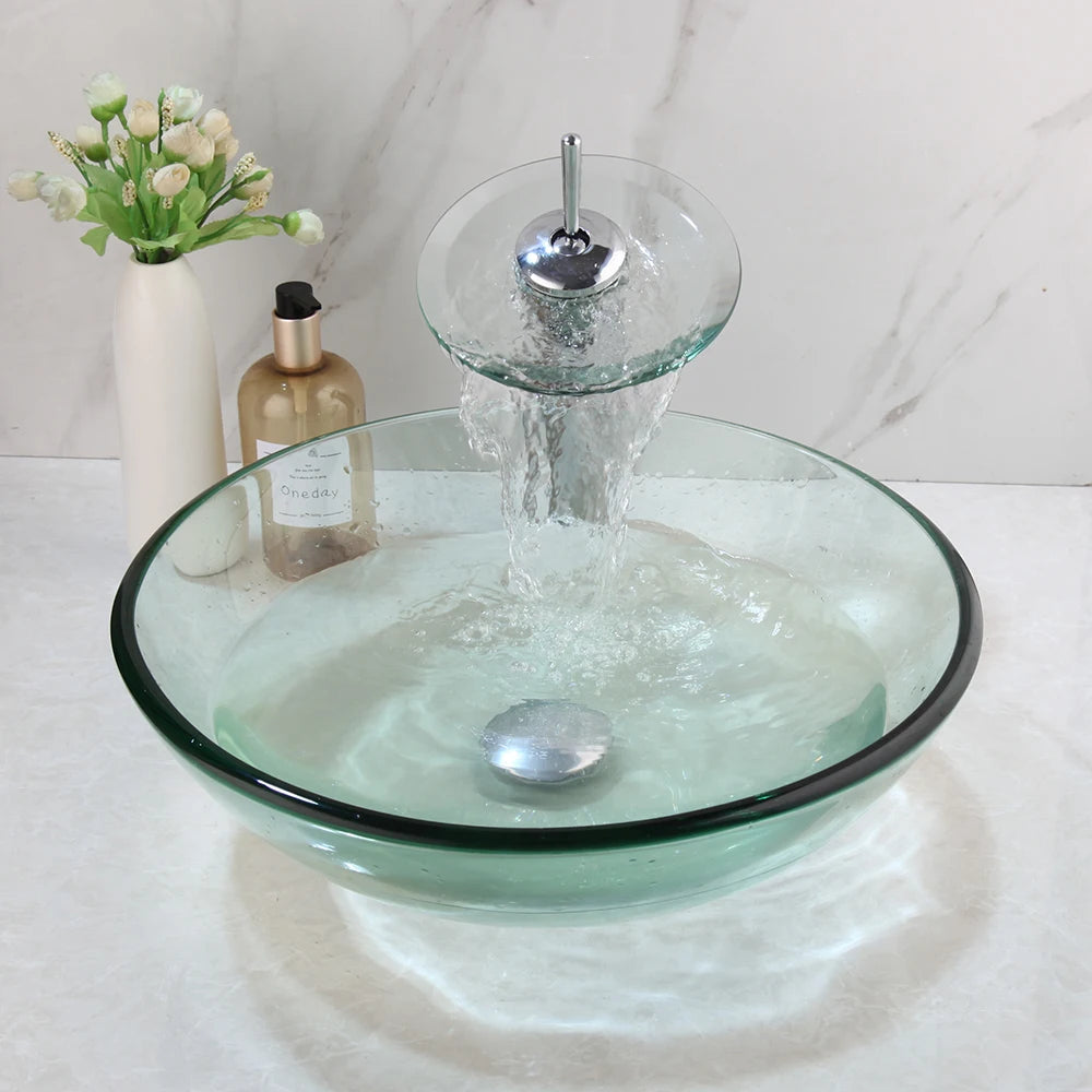 ZAPPO Round Bathroom Vessel Sinks 17 inch Tempered Glass Vessel Sink Clear Green Bathroom Sink Waterfall Bathroom Faucet Combo