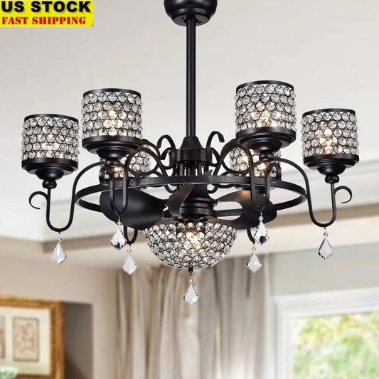35 Inch Black Crystal Fandelier Ceiling Fan Remote Control 7 Light Chandelier Modern Iron Design Efficient Air Circulation