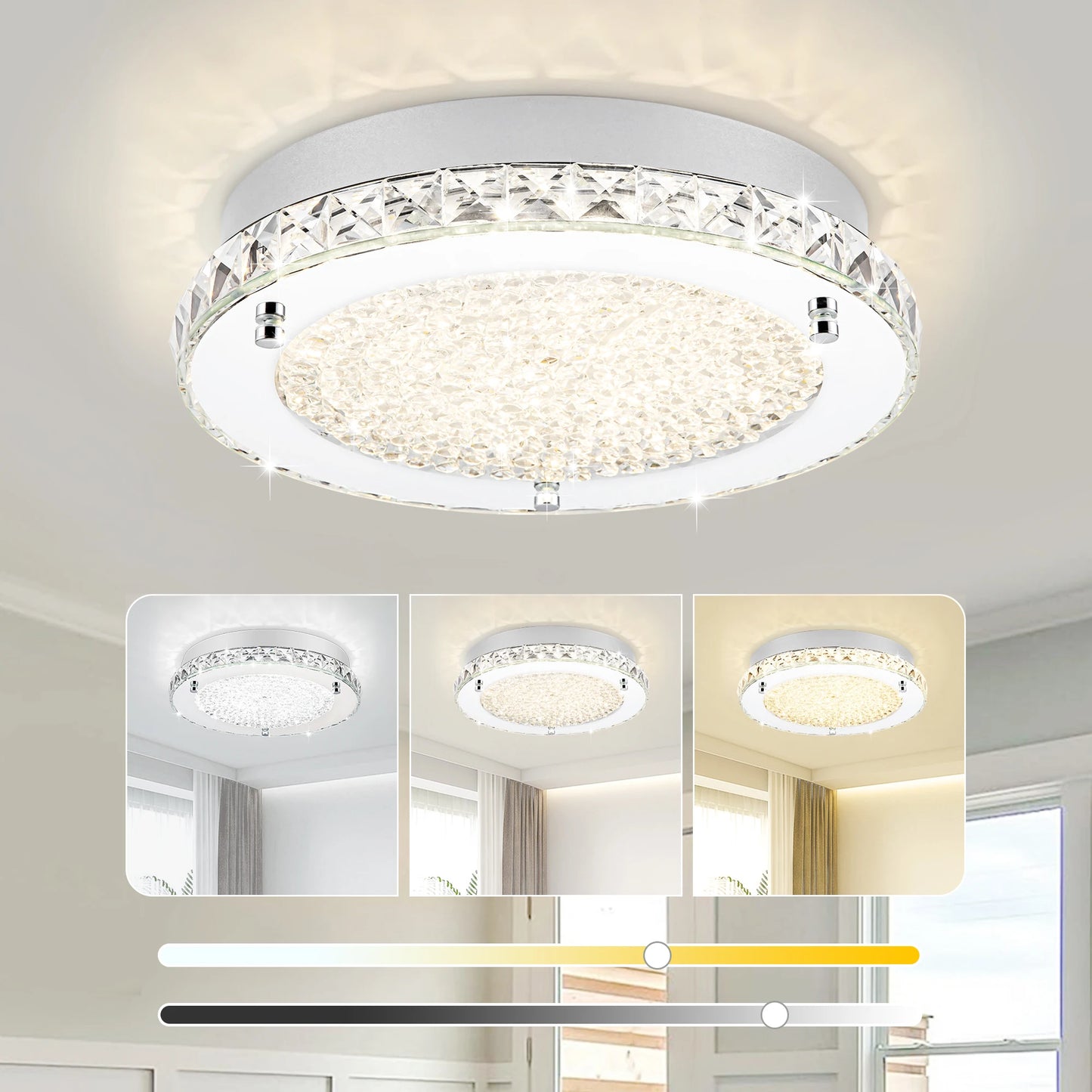 Modern Crystal LED Flush Mount Chandelier - Dimmable Ceiling Light for Kitchen, Bedroom, Bathroom,Hallway
