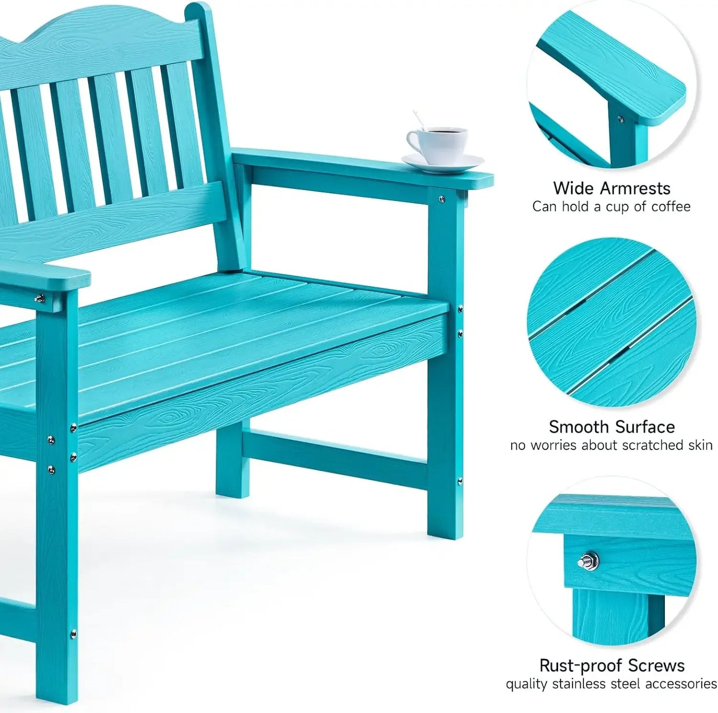 2-Person Poly Lumber Garden Bench with 800 lbs Weight Capacity, All-Weather Patio Bench with Armrests and Backrest