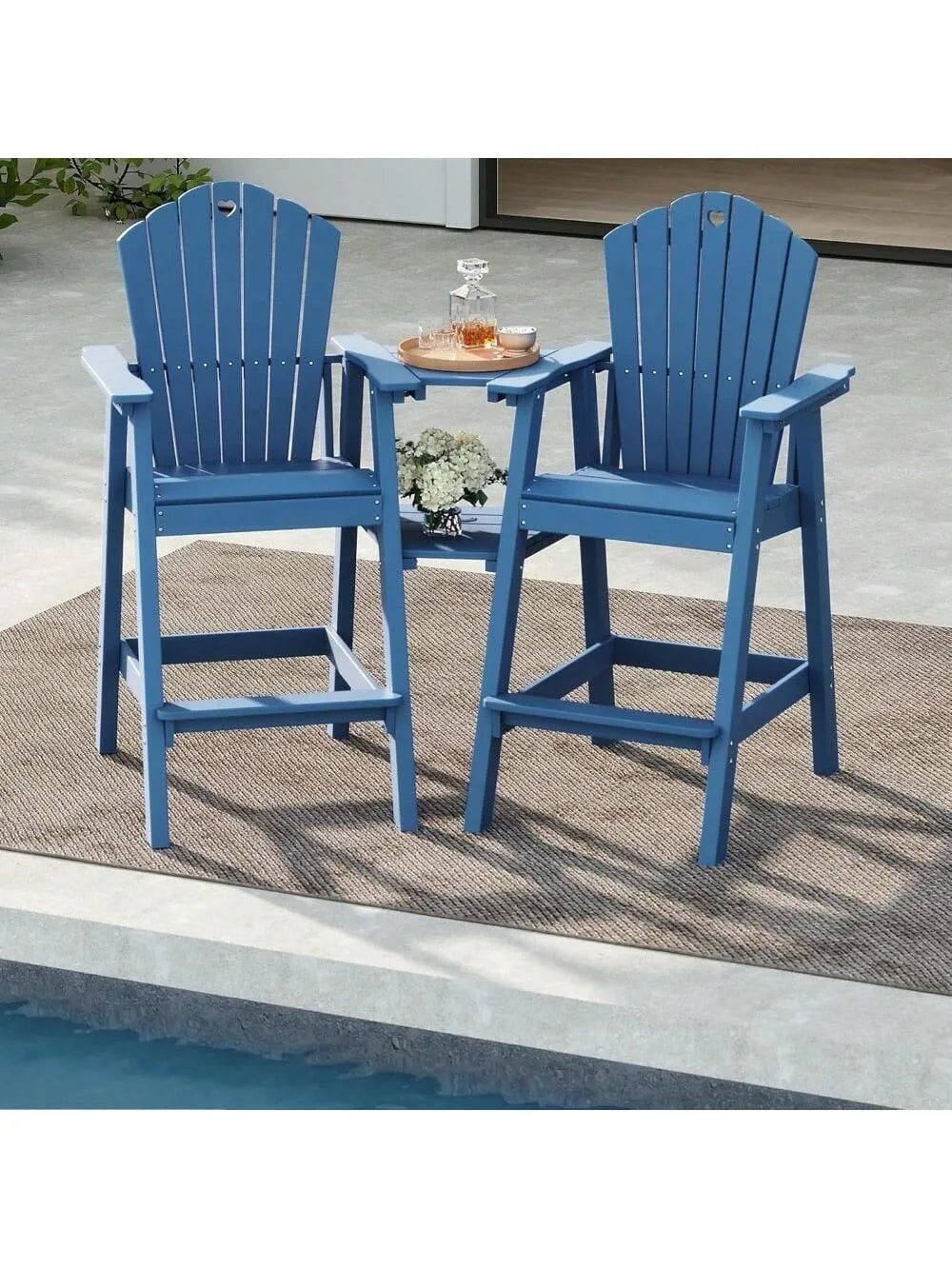 Tall Adirondack Chairs Set of 2 with 2-Layer Connecting Table, HDPE Bar Height Outdoor Table and Chairs with Umbrella Hole