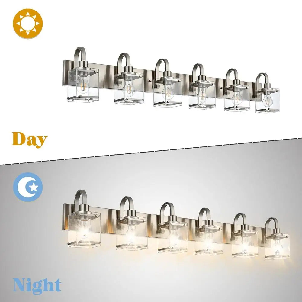 Modern Brushed Nickel Wall Sconce Clear Glass Vanity Light Fixture 6-Light Bathroom Kitchen Bedroom E26 Base Bulb Compatible
