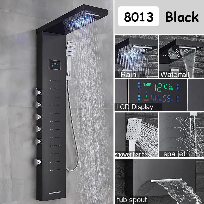 Black LED Light Shower Panel Waterfall&Rainfall Faucet Set Systems Bathroom Mixer Taps Tower with Spa Shower Columns Massage Jet