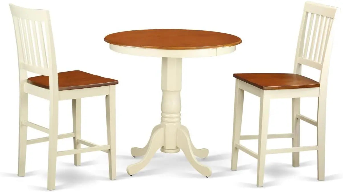 3 Piece Counter Height Dining Set for Small Spaces Contains a Round Dining Room Table with Pedestal and 2 Wooden Seat Chairs