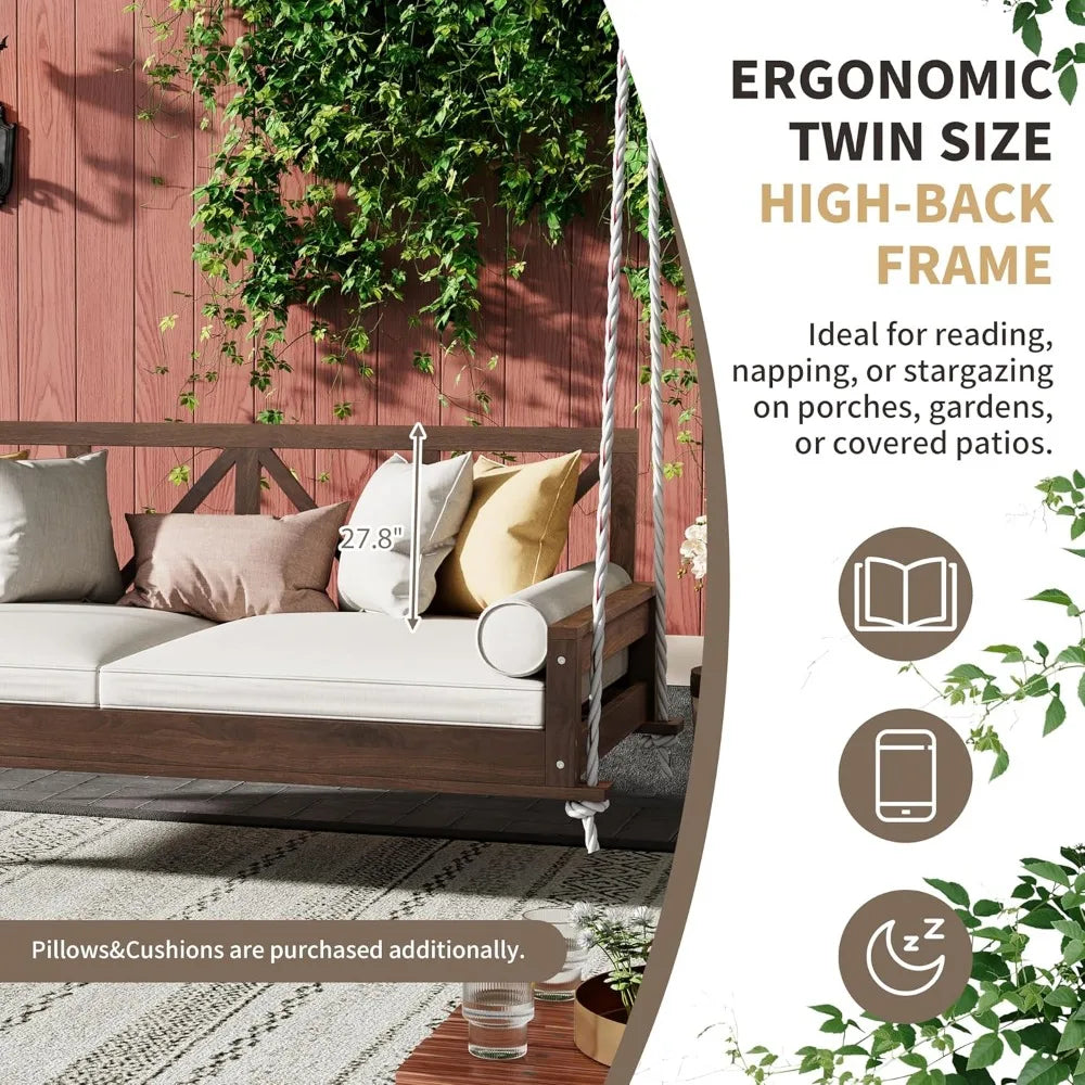 Patio Twin Size Garden Swing Bed, Acacia Wood Porch Swing Hanging Bed Frame with 16.4ft Hemp Ropes for Garden, Backyard, Brown