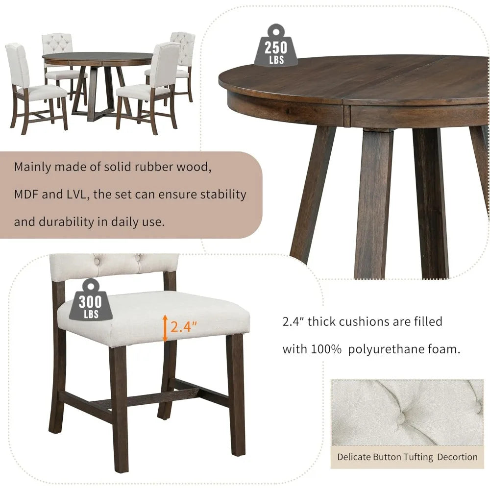 5-Piece Round Dining Table Set, Mid Century Modern Round Dining Table for 4-6 Person, Round Dinner Table with 4 Upholstered