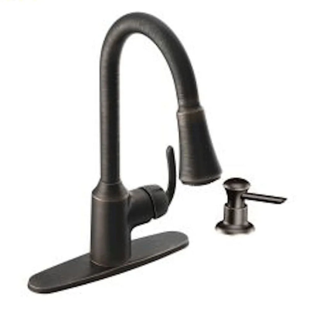 Mediterranean Bronze One-Handle High Arc Pulldown Kitchen Faucet Power Clean Reflex System Easy Installation Soap Dispenser ADA