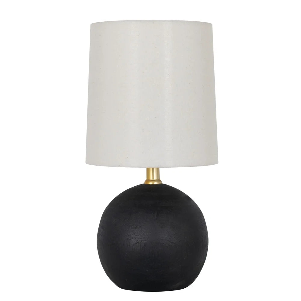 12.5 Inch Mini Black Wood Ball Table Lamp with White Fabric Shade Push Through Switch Home Office Bedroom Lighting