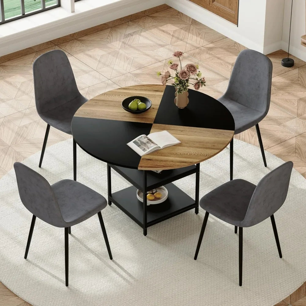 Round Dining Table Set for 4, 47” 5-Piece Dining Set with 2-Tier Storage Shelf and Space-Saving Design, Modern Table and Chairs