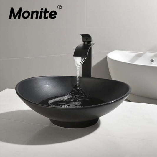 Monite Matte Black Bathroom Sink Faucet Set Modern Stone Resin Basin W/ Waterfall Tap Pop Up Drain Combo Art Oval Vessel Sinks