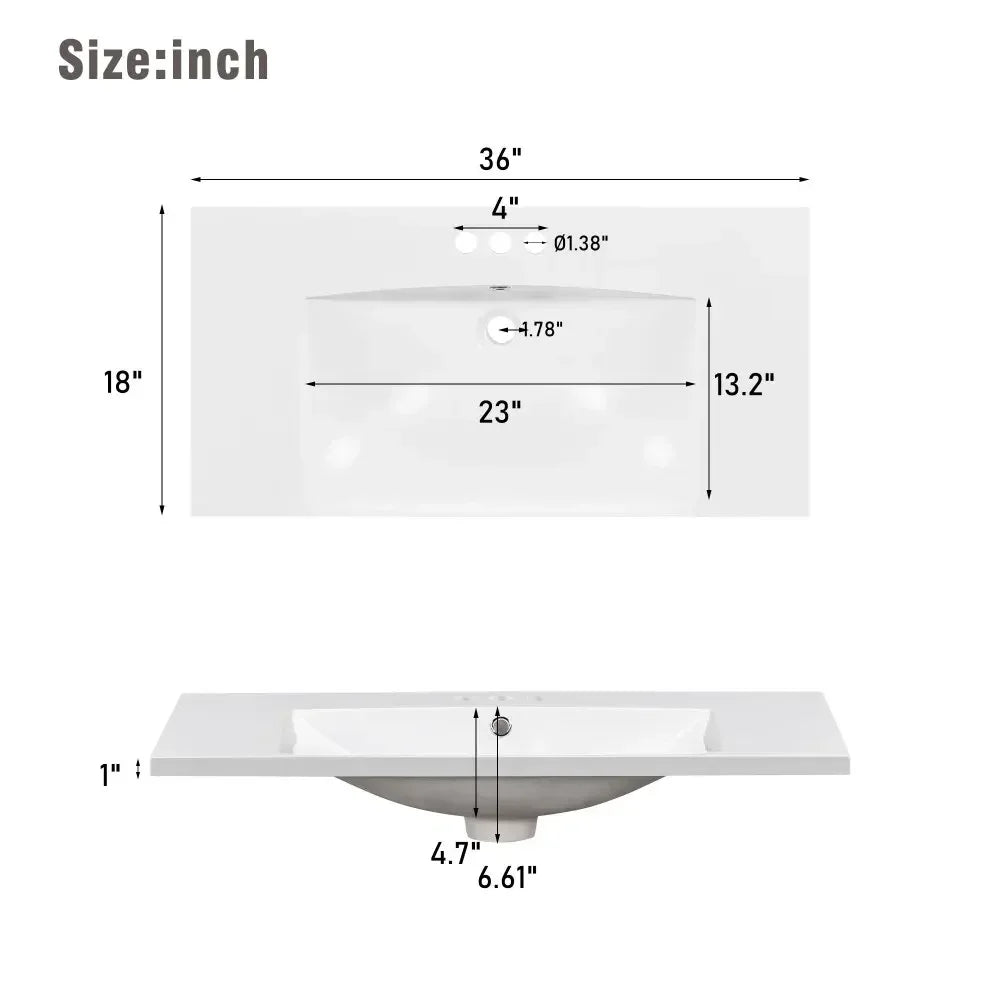 [Sink Only] 36x18" Rectangular 3 Hole Bathroom Resin Sink, Vanity Top ，Sink Only, Fits 4" Center Faucet,24x18 Inch,30x18"