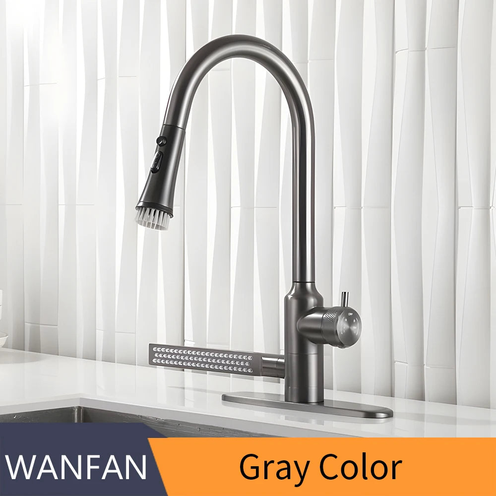 Modern Minimalist Black Kitchen Faucets Multifunctional Pull Out Tap Single Hole Handle Grey 360° Swivel Water Mixer Tap 0366