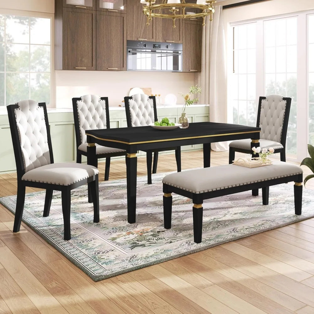 6-Piece Solid Wood Dining Table Set, Modern Elegant 60" Rectangular with 4 High-Back Tufted Upholstered Chairs + 1 Bench for Ki