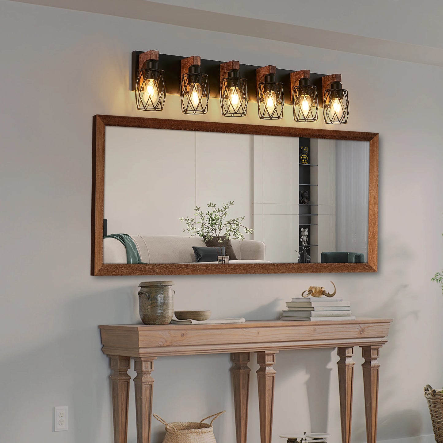 38" Industrial Vintage 6-Light Wall Sconce - Black Cage Wall Lighting Fixture with Wooden Accents