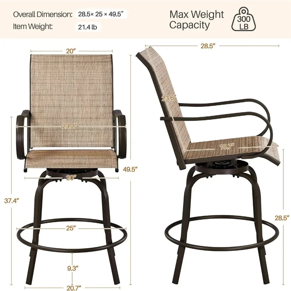 Patio Swivel Bar Stools Set of 2, All-Weather Outdoor High Bistro Stools for Outside, Beach, Lawn, Poolside and Garden, Brown